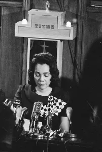 Widow Prints: Distraught Coretta Scott King Pausing at Microphones