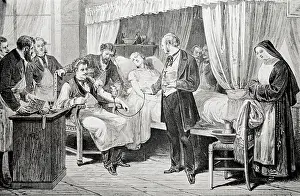 Prints of (Original Caption). Blood Transfusion at the hospital in Paris Timeless Visions: Icons of Art and History: Doctors Transferring Blood into Patient