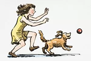 Dog chasing after ball, girl following close behind