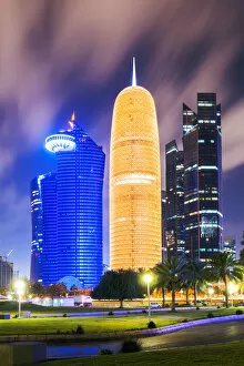 Persian Gulf Countries Gallery: Doha city center illuminated at night, Qatar, Middle East