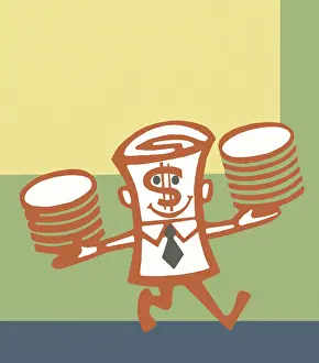Striding Prints: Dollar Bill Character Holding Coins