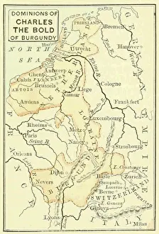 Prints of Map, entitled Dominions of Charles the Bold of Burgundy, shows EurOpean territories in the Netherlands, Lorraine, Burgundy, Germany, Switzerland, Italy, and France, circa 1477 Discover the World in Maps: Past, Present, and Beyond: Dominions Of Charles The Bold Of Burgandy