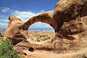 Double O Arch with a raven flying in the middle of the arc, Arches-Nationalpark, near Moab, Utah, United States