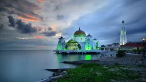 Straits Prints: Dramatic Sunset With Vibrant Color Over Mosque (Masjid Selat Melaka). Strait Of Malacca
