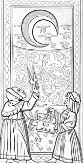 Drawing of astronomers observing & measuring the moon, c. 1454