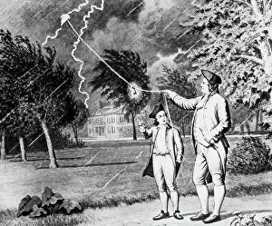 Wash Drawing Prints: Drawing Of Benjamin Franklin Experiment