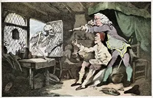 Eyeglasses Prints: Drawing of Two Figures Warding off Death
