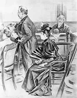 Trial Prints: Drawing of Lizzie Borden and Her Lawyer in Court