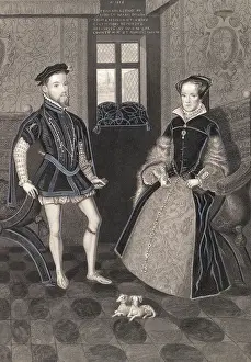 Drawing of Mary I Queen of England with Man and Dogs