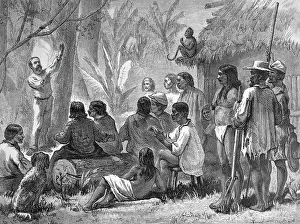 Drawing of Missionaries Evangelizing to Natives