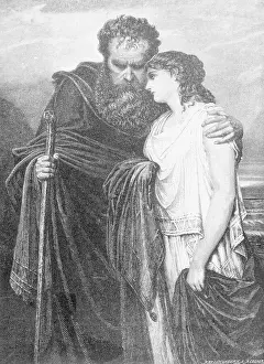 Drawing of Mythological Characters Oedipus and Antigone Embracing