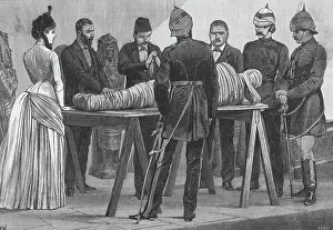 Drawing of Scientist with Mummy on Table