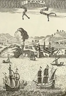 Havana Prints: Drawing Showing Ships at Port of Early Havana