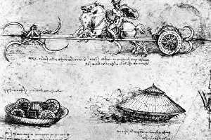 Florentine School Prints: Drawing of a Storming Wagon and a Tank-Like Vehicle by Leonardo da Vinci