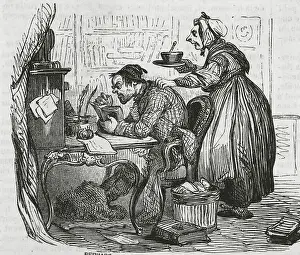 Service Prints: Drawing of Wife Serving Her Husband a Meal in Study