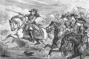 Scotland And Ireland Prints: Drawing of William III on Horseback and in Battle at Boyne River