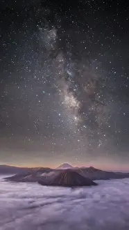Dreamlike Milky way and mountain range before morning sunrise at bromo volcano mountain with Vertical 16: 9 format, east java, indonesia