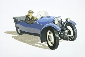One Object Gallery: Driver in blue Morgan three-wheeler cyclecar, side view