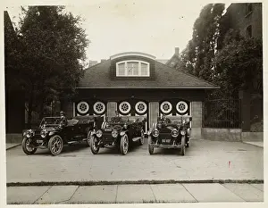 Convertible Prints: Drivers Sitting in Cars Outside Three Door Garage
