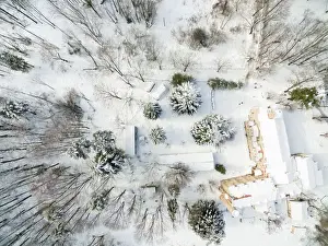 Drone picture taken from directly above of the winter landscape of the Montseny nature reserve covered with snow