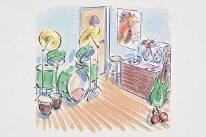 Drum kit, electric guitar, rattles and tape recorder in room with wooden floor