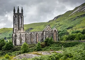 Ireland Prints: The Dunlewey Church ruin sits empty next to Mount Errigal in Donegal county, Ireland