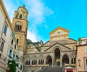 Medieval Gallery: Duomo di Amalfi cathedral facade with bell tower, Amalfi, Italy