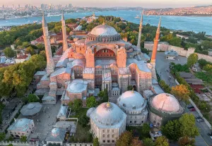 Prints of Last sunset light shining over the magnificent Hagia Sophia, situated in downtown Istanbul, Istanbul province, Marmara region of Turkey Capturing the Beauty of Landscapes, Travel, and Nature: Dust Light Over Hagia Sophia Grand Mosque (Ayasofya Camii), Istanbul, Turkey
