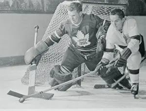 Hockey Stick Prints: Earl Reibel and Harry Lumley Competing for Puck