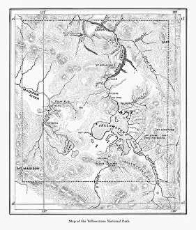 Images Dated 22nd January 2018: Early Antique Map of Yellowstone National Park, Wyoming, Montana, and Idaho, United States