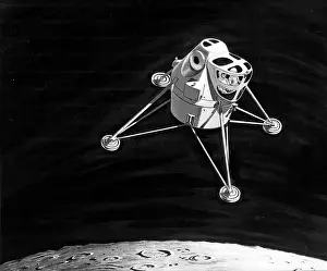 Prints of Illustration of an early design idea for a Lunar Excursion Module (LEM) as it approaches the sufrace of the moon, March 14, 1963. It is piloted by two astronauts Timeless Moments: A Visual Journey Through History’s Defining Images: Early LEM Above The Moon