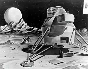 Prints of Illustration of an early design idea for a Lunar Excursion Module (LEM) on the surface of the moon, Washington DC, March 6, 1963. In the distance, a pair of astronauts collect samples Timeless Moments: A Visual Journey Through History’s Defining Images: Early LEM On The Moon