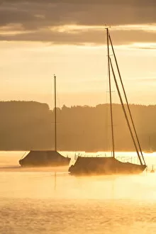 Early morning, boats on Lake Starnberg near Seeshaupt, Bavaria, Germany, Europe, PublicGround