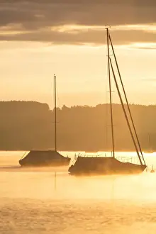 Morning Fog Prints: Early morning, boats on Lake Starnberg near Seeshaupt