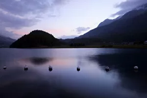 Early morning on Lake Champferersee, St. Moritz, Engadin, canton of Grisons, Switzerland, Europe