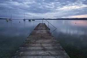 Early morning view of jetty, Lake Starnberg at Seeshaupt, Bavaria, Germany, Europe, PublicGround