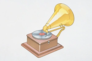 Gramophone Gallery: Early record player with large trumpet