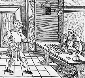 Banking Prints: Early Usurer With Interest Table