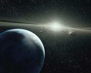 Earth, asteroid belt and star