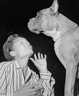 Prints of (Original Caption). Vivacious Eartha Kitt practices the lines for her new Broadway play, speaking them to Champ, the stage manager's dog Captivating Art Prints Celebrating the Iconic Performer’s Legacy: Eartha Kitt Talking to Champ