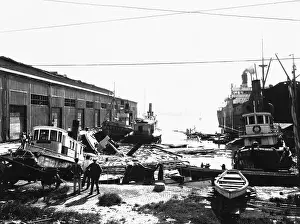 Earthquake Prints: Earthquake-Damaged Dock And Ship