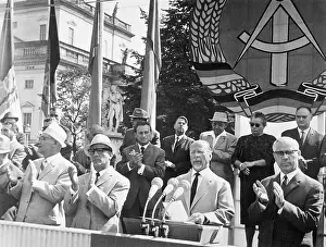 Prints of (Original Caption). Commemorate Berlin Wall. East Berlin, East Germany: East German president Walter Ulbricht addresses a rally commemorating the fifth anniversary of the Berlin wall here Echoes of Division: The Berlin Wall Through the Lens of History: East German Officials Applauding Walter Ulbricht