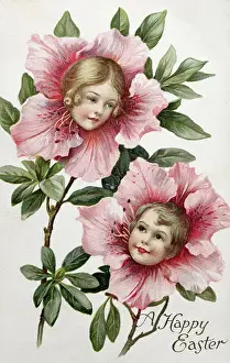 Greeting Card Prints: Easter Card/Two Girls In Orchids/Illus