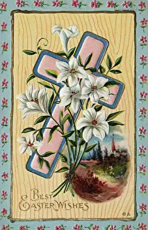 Greeting Card Prints: Easter Card W/Lillies, Cross/Illustration