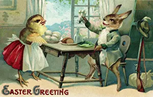 Chicken Prints: Easter Greeting Postcard Depicting a Rabbit and a Chick