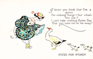 Prints of Holiday postcard depicting a young woman looking down at a goose and two goslings, with a generic Easter verse and the words 'Votes for Women' beneath the greeting Historic Moments from the Women’s Fight for the Vote: Easter Wish Suffrage Postcard