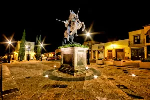 Images Dated 31st July 2016: Ecuestre del ApA┬│stol Santiago el Mayor statue - in Queretaro, Mexico - at night
