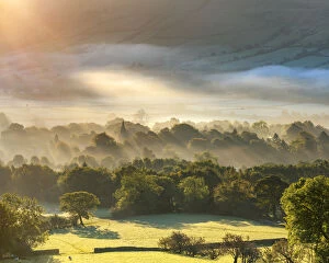 Images Dated 14th October 2012: Edale village sunrise with mist and fog and golden light at sunrise. English Peak District. UK