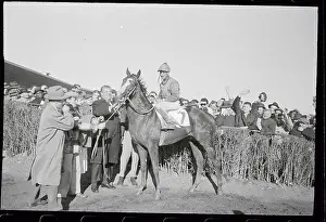 Jamaica Prints: Eddie Arcaro Posing on Atoll with Crowd Cheering