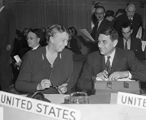 Lake Success Prints: Eleanor Roosevelt and E. Davies Sitting at Delegation Table